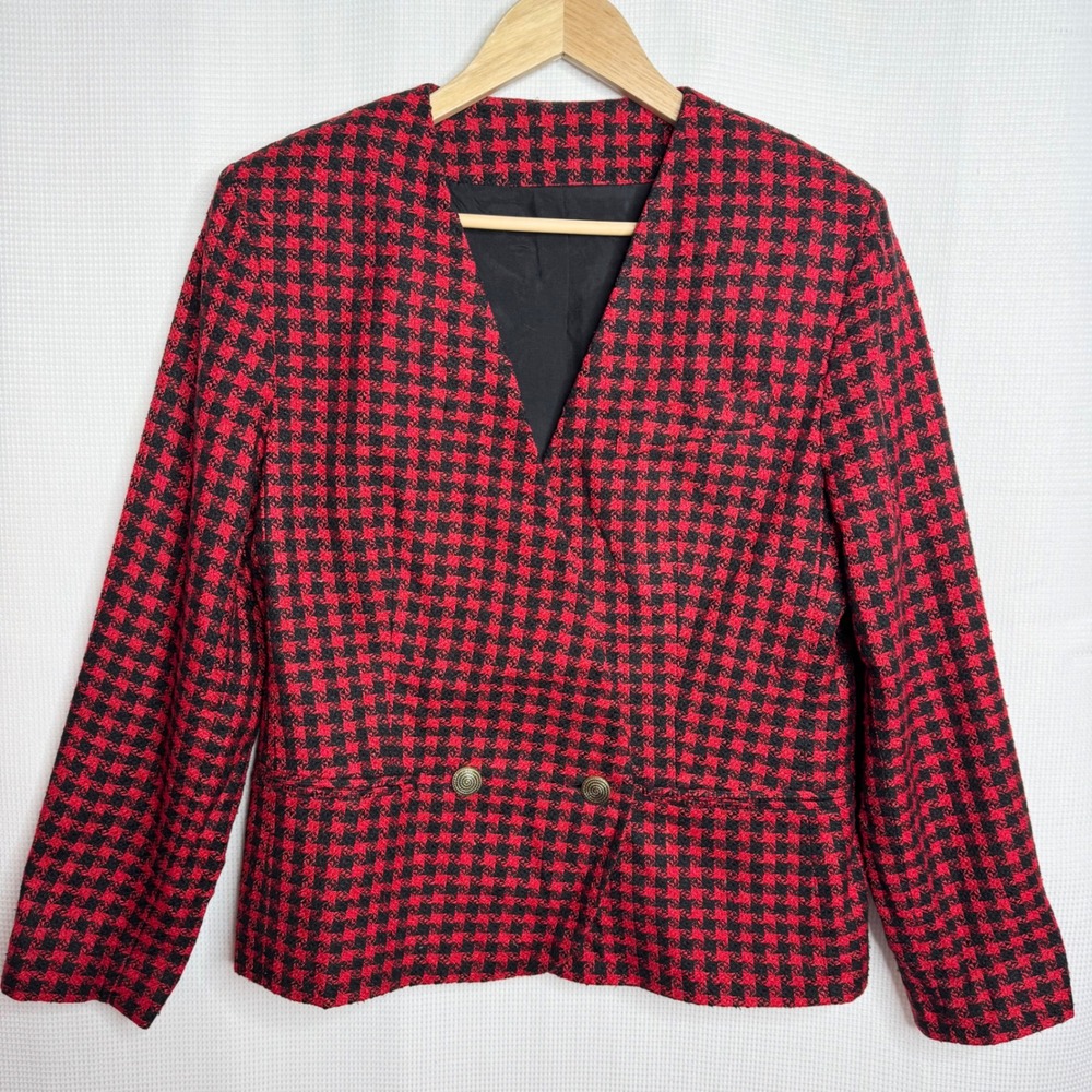 Vintage Ann May Red Black Houndstooth 100% Silk Blazer Jacket Size 12